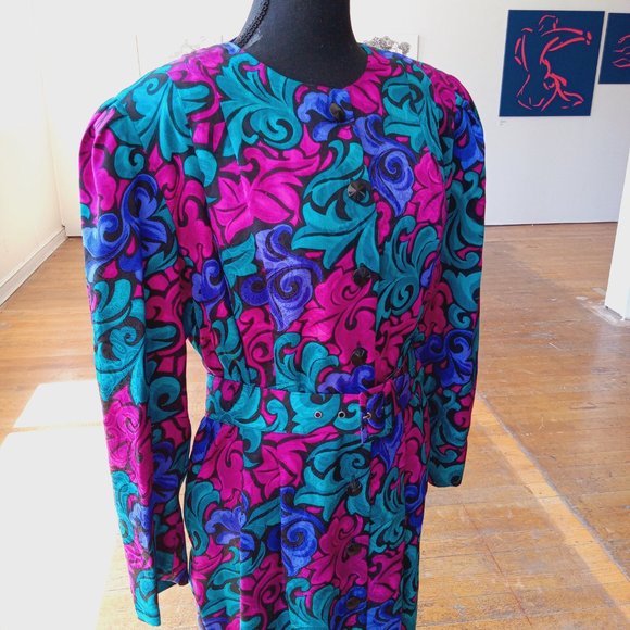 Vintage silk Button-Front floral midi dress with matching belt - Picture 7 of 11